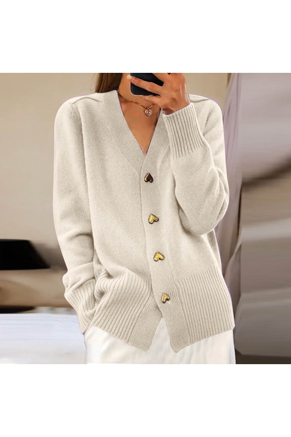 Cardigan Sweaters for Women Solid Color Heart Button V Neck Long Sleeve Knit Jacket Casual Cardigan Women Beige XXXL