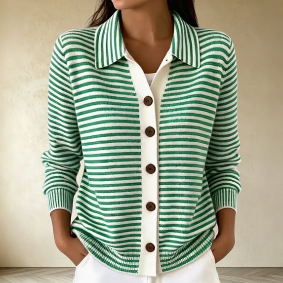 Cardigan Sweaters for Women Striped Button Down Lapel Collar Long Sleeve Knit Sweater Casual Fall Tops for Women Green L