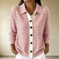 thumbnail image 1 of Cardigan Sweaters for Women Striped Button Down Lapel Collar Long Sleeve Knit Sweater Casual Fall Tops for Women Red M, 1 of 5