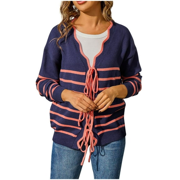 Cardigan Sweaters for Women Striped Open Front V Neck Drawstring Knit Outfit Fashion Fall Causal Pockets Cardigan S-XL