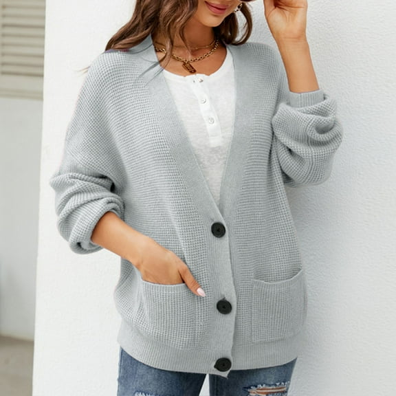 Cardigan Sweaters for Women Trendy Fall Fashion 2025 Cardigans Ndbuld Women's New Mid Length Slouchy Knitted Sweater Cardigan Gift for Adults Gray XL