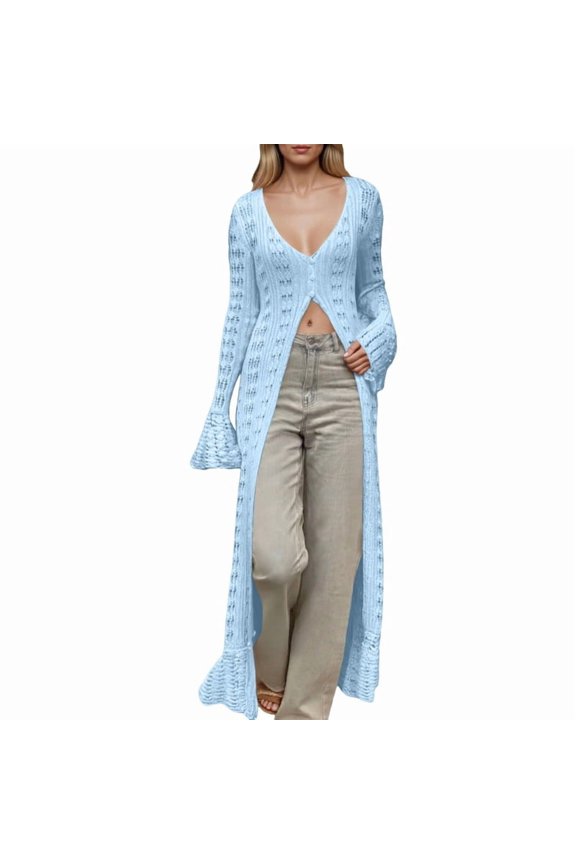Cardigan Sweaters for Women Trendy Lightweight Crochet Long Duster Button Up Long Sleeve Ruffle Knit Maxi Dress