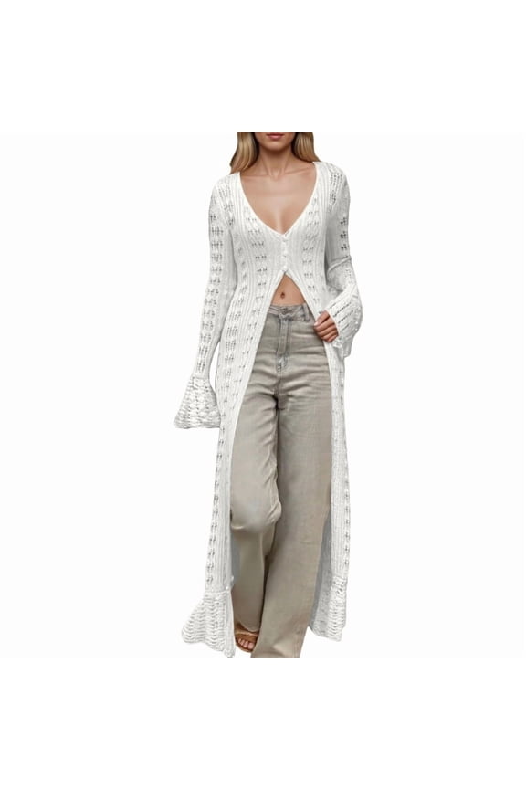 Cardigan Sweaters for Women Trendy Lightweight Crochet Long Duster Button Up Long Sleeve Ruffle Knit Maxi Dress