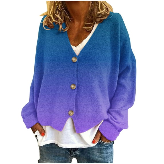 Cardigan Sweaters for Women V Neck Long Sleeve Coats Solid Color Button Down Casual Loose Open Front Outwear Tops,Purple 2,M