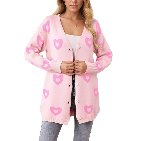 Cardigan Sweaters for Women Valentine's Day Heart Sweaters Oversized Cable Knit Button V Neck Long Sleeve Fall Fashion Outerwear Coat Alsol Lamesa