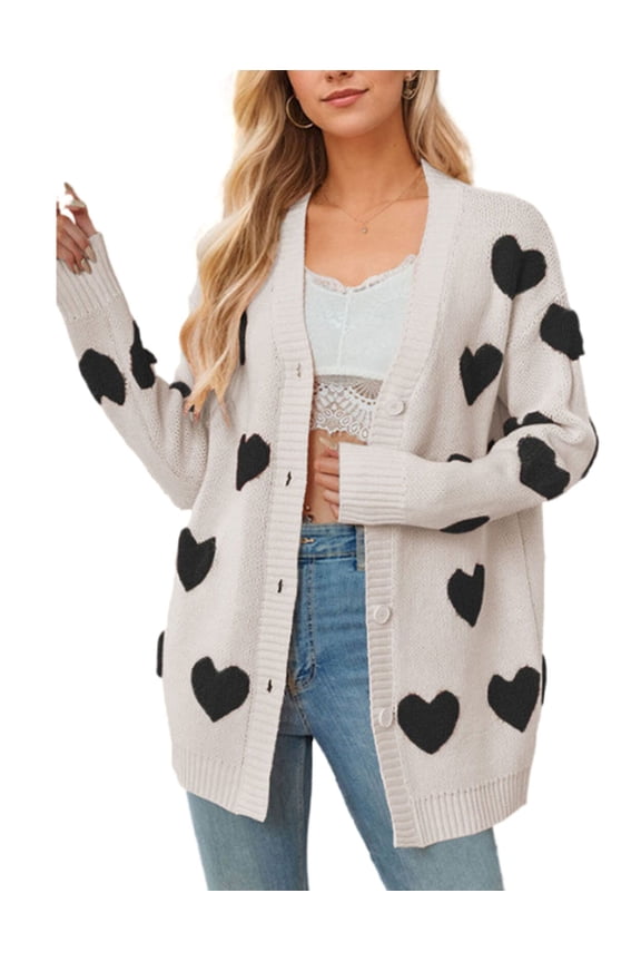 Cardigan Sweaters for Women Valentine's Day Heart Sweaters Oversized Cable Knit Button V Neck Long Sleeve Fall Fashion Outerwear Coat Alsol Lamesa