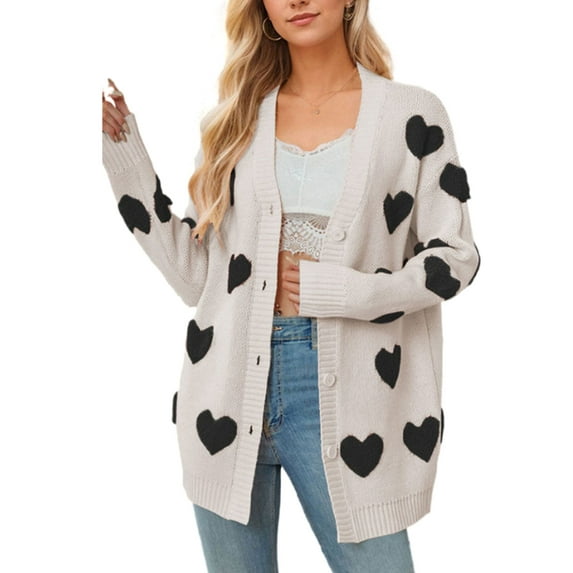 Cardigan Sweaters for Women Valentine's Day Heart Sweaters Oversized Cable Knit Button V Neck Long Sleeve Fall Fashion Outerwear Coat Alsol Lamesa