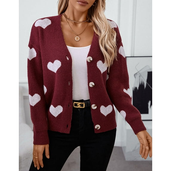 Cardigan Sweaters for Women Valentine's Day Sweater Cute Heart Print Long Sleeve Open Front Buton Down Soft Fall Knitted Cardigan S-XL Alsol Laemsa