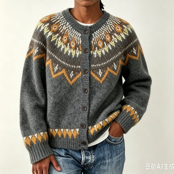 Cardigan Sweaters for Women Vintage Knit Geometric Pattern Fair Isle Cardigan Casual Crew Neck Long Sleeve Layering Top