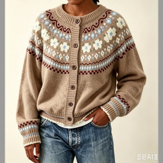 Cardigan Sweaters for Women Vintage Knit Geometric Pattern Fair Isle Cardigan Casual Crew Neck Long Sleeve Layering Top