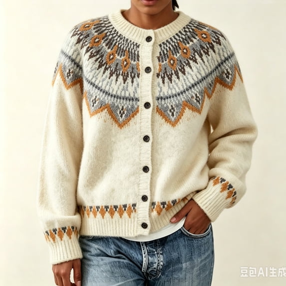 Cardigan Sweaters for Women Vintage Knit Geometric Pattern Fair Isle Cardigan Casual Crew Neck Long Sleeve Layering Top