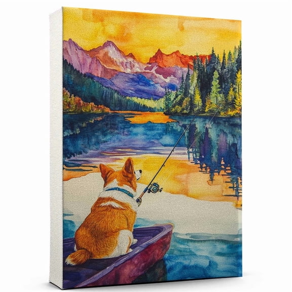Cardigan Welsh Corgi Dog Canvas Canvas  Fishing Theme Dog Art for Wall, Cardigan Welsh Corgi Dog Playing Fishing Wall Art, Dog Lover Canvas Decor