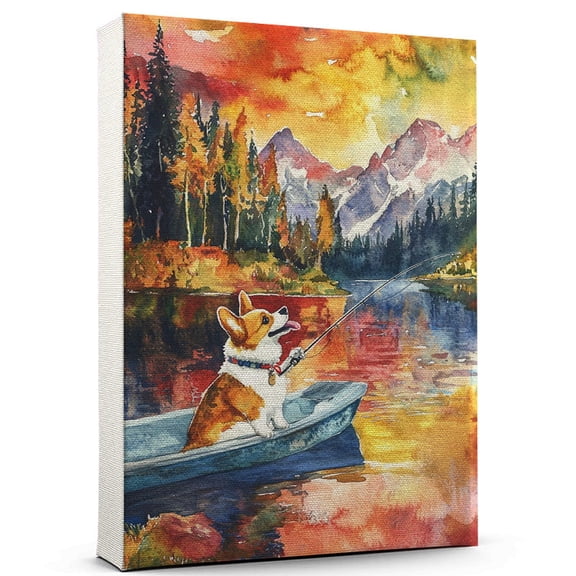 Cardigan Welsh Corgi Dog Canvas  Fishing Canvas Print of Funny Cardigan Welsh Corgi Dog Wall Art, Fishing Sports Wall Decor, Home Decor, Dog Lover