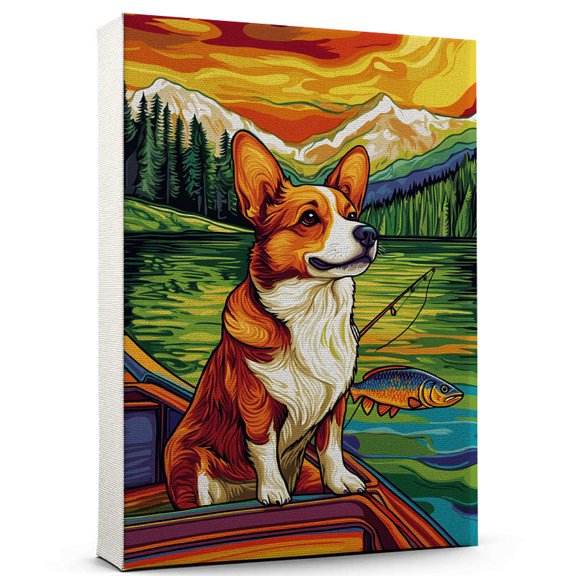 Cardigan Welsh Corgi Dog Fishing Canvas  Funny Cardigan Welsh Corgi Dog Playing Fishing Canvas Wall Art for Sports Lovers, Pet Lovers, Home Decor