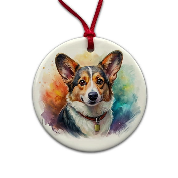 Cardigan Welsh Corgi Dog Illustration Christmas Tree Holiday Round Ceramic Ornament