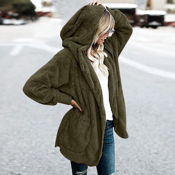 Cardigan for Women Fuzzy Fleece Open Front Soild Color Plus Size Hooded Sweaters Casual Loose Long Sleeve Fleece Winter Coats with Pockets S-5XL on Clearance