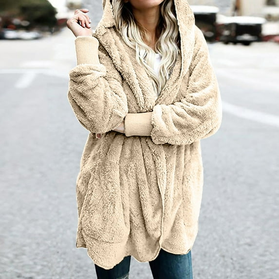 Cardigan for Women Fuzzy Fleece Open Front Soild Color Plus Size Hooded Sweaters Casual Loose Long Sleeve Fleece Winter Coats with Pockets S-5XL on Clearance