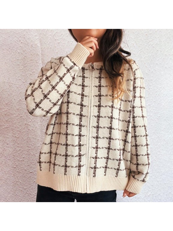 Cardigan Women Long Sleeve Crew Neck Zip Up Vintage Plaid Sweater Knit Jacket For A Cozy Retro Layered Look Lightweight Jacket Women