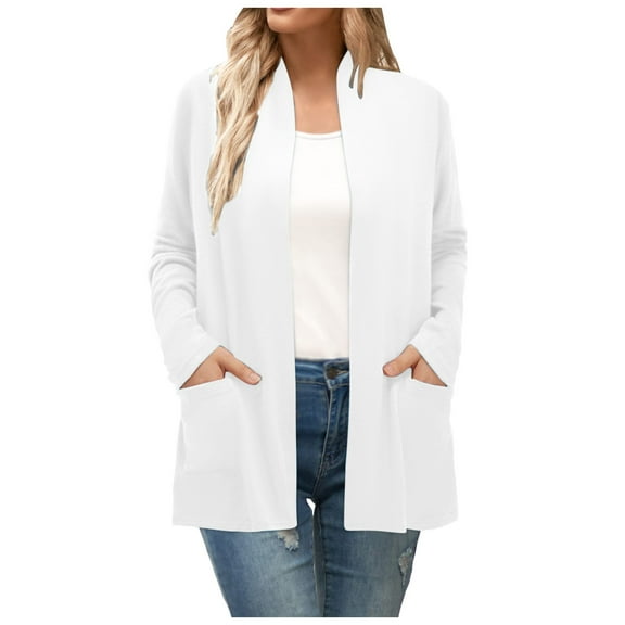 Cardigan Women Long Sleeve Open Front Cardigan With Pockets Casual Duster Lightweight Knit Cardigans Women White M