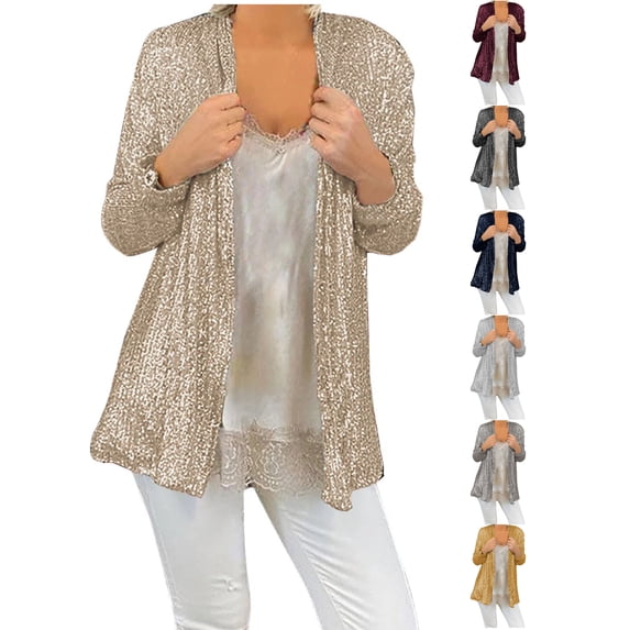 Cardigan Women Long Sleeve Solid Color Sequin Open Front Jacket For An Evening Layered Look Lightweight Jacket Women