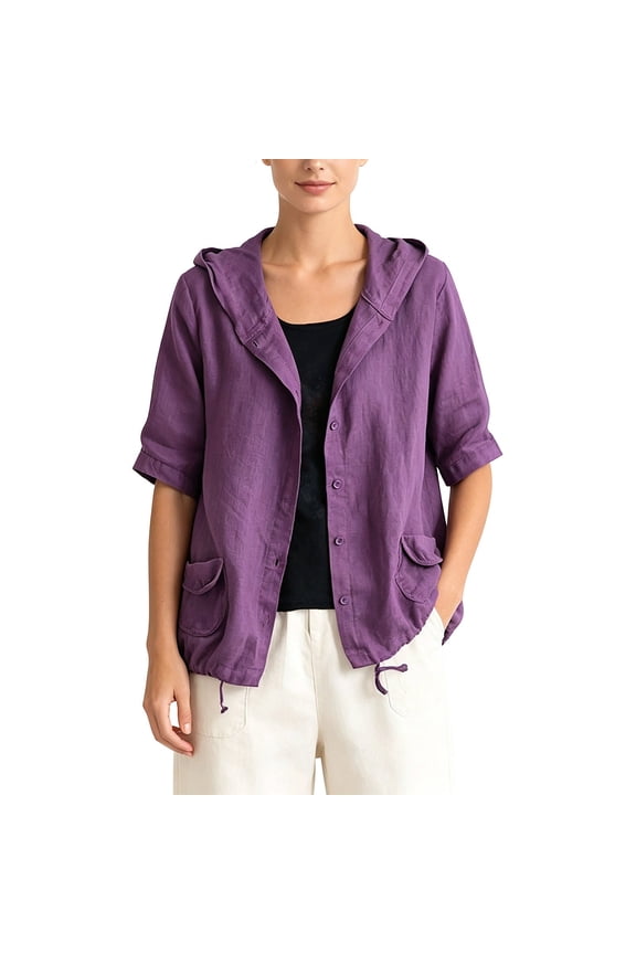 Cardigan Women's Linen Blend Hooded Short Sleeve Button Down Jacket Pocket Drawstring Hem Loose Casual Outwear for Daily Weekend