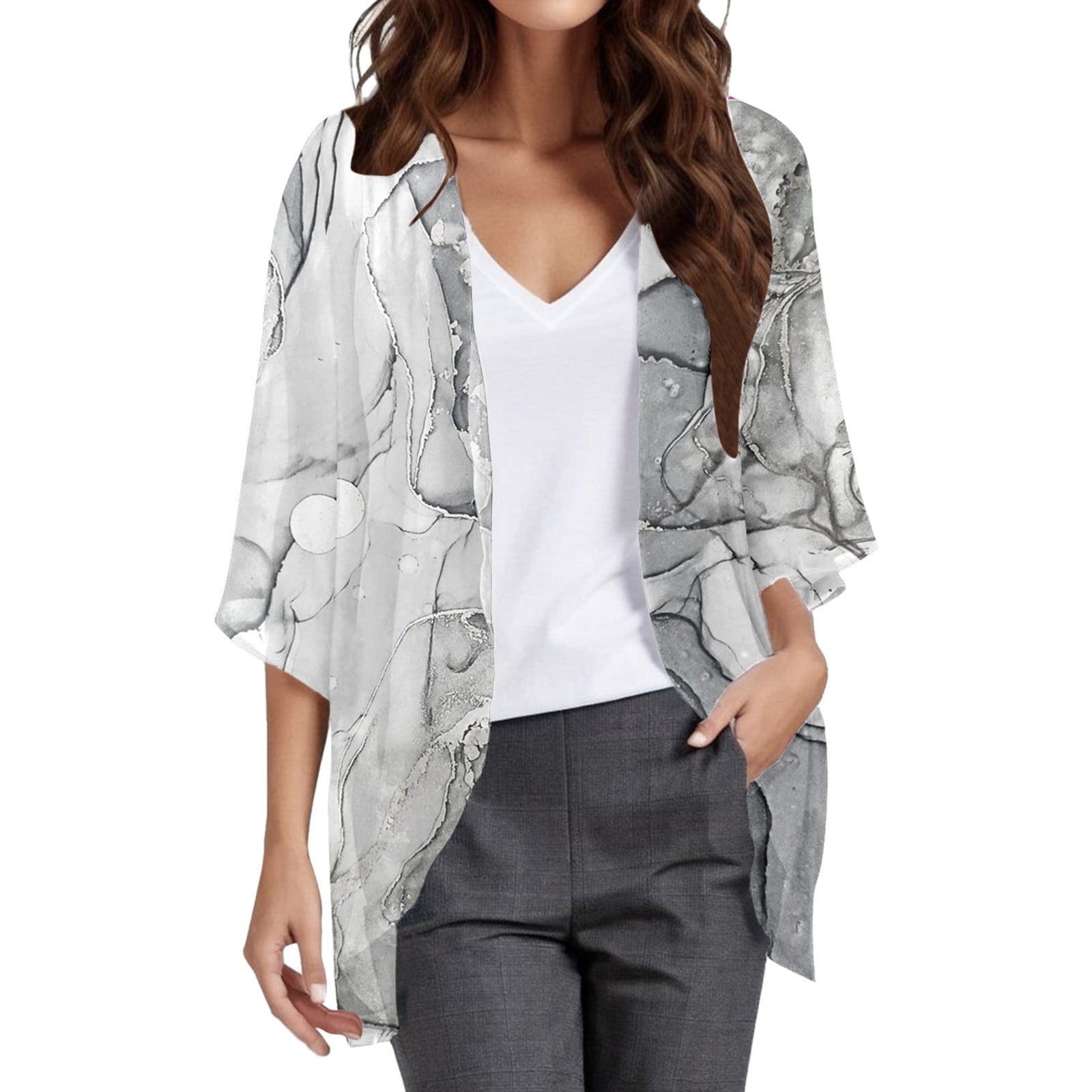 Cardigan Womens Floral Print Puff Sleeve Chiffon Cardigan Loose Cover Up Casual Blouse Tops Cardigan Sweaters for Women Cropped Cardigan Color Grey Size M Walmart