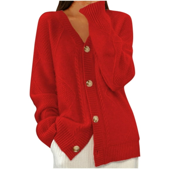 Cardigan for Dresses Women New Knitted Cardigan Sweaters for Women Oversized Long Sleeve Button down Tops Coats Fall Trendy Outfits Red XL