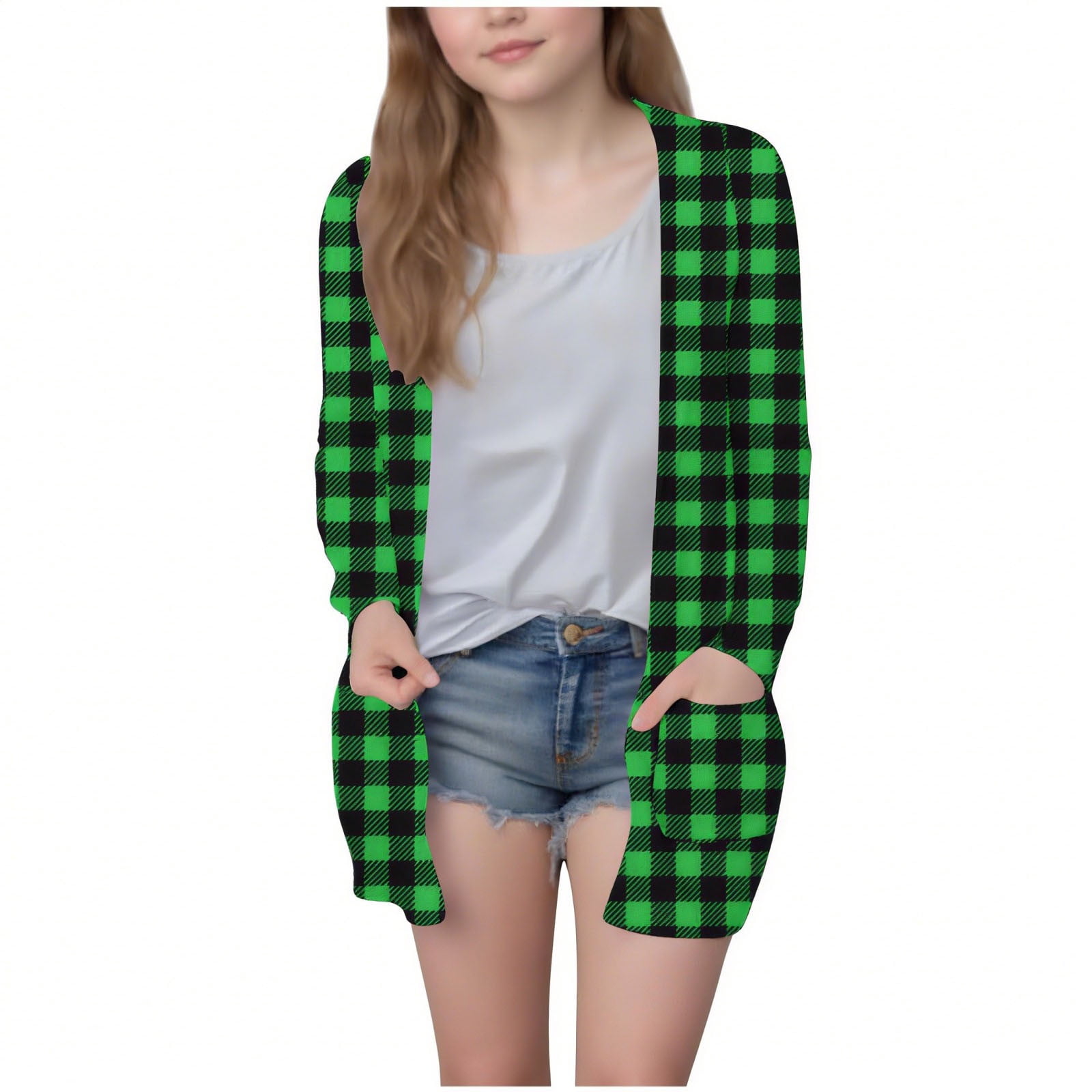GORGLITTER Women's Checkered Colorblock Cropped Cardigan - Button Up, Long Sleeve, Lightweight Knit Sweater