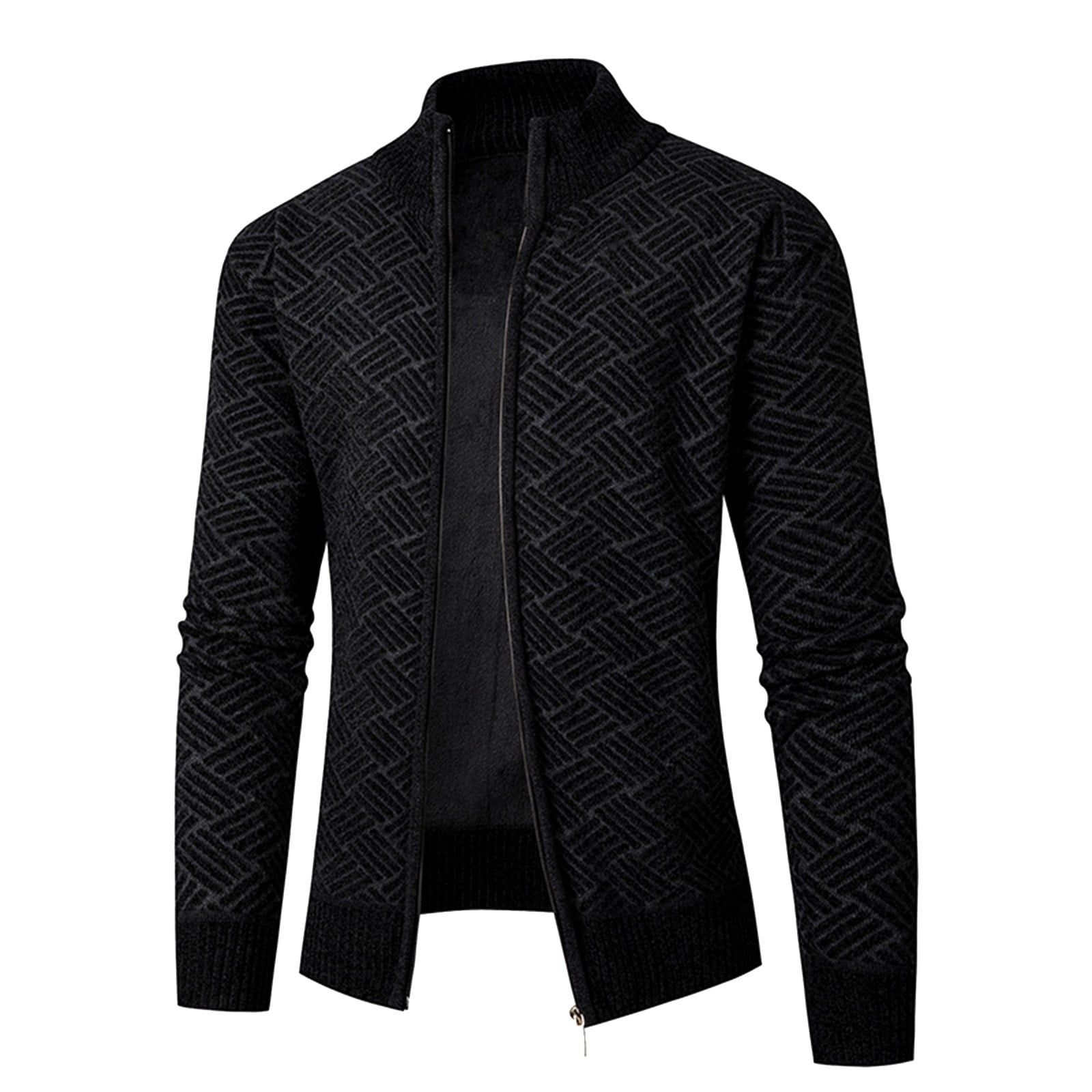 Men's Fleece Lined Zip-Up Sweater Jacket – Stand Collar Knit Cardigan With Pockets, Casual Warm Winter Coat, Relaxed Fit