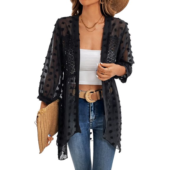 Cardigan for Women 3/4 Sleeve Summer Cardigan Loose Beach Cover Up 2025 Black L
