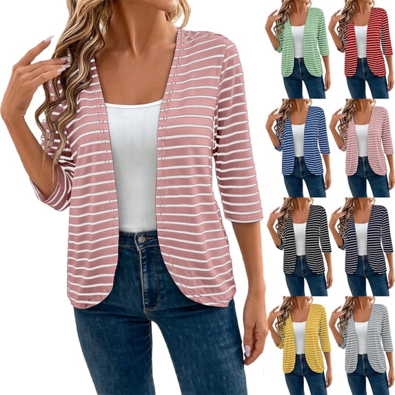 Cardigan for Women Cardigan Sweaters Fall Fashion Clothes 2026 Women's Casual Striped Long-Sleeve Cardigan Jacket/Top Pink Xl