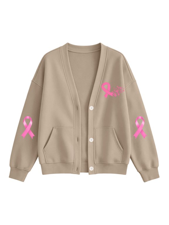 Cardigan for Women Casual Solid Long Sleeve Button Front Sweatshirt Outerwear Pink Ribbon Graphic Tops