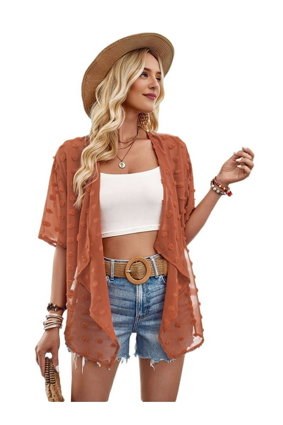 Cardigan for Women Dot 3/4 Sleeve Summer Cardigan Loose Beach Cover Up Caramel L