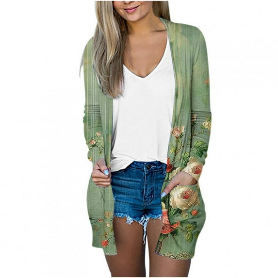 Cardigan for Women Floral Printed Lightweight Open Front Top Fall Casual Long Sleeve Coat with Pockets Multicolor V-Neck Winter Blouse (Multicolor L)