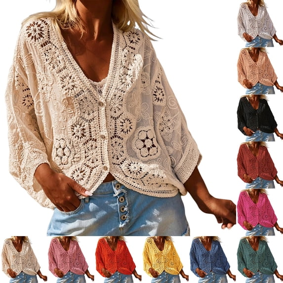 Cardigan for Women Kelon Women's Crochet Floral Cardigan - V Neck Button Down Hollow Out Top, Boho Short Sleeve Summer Shrug Cover Up