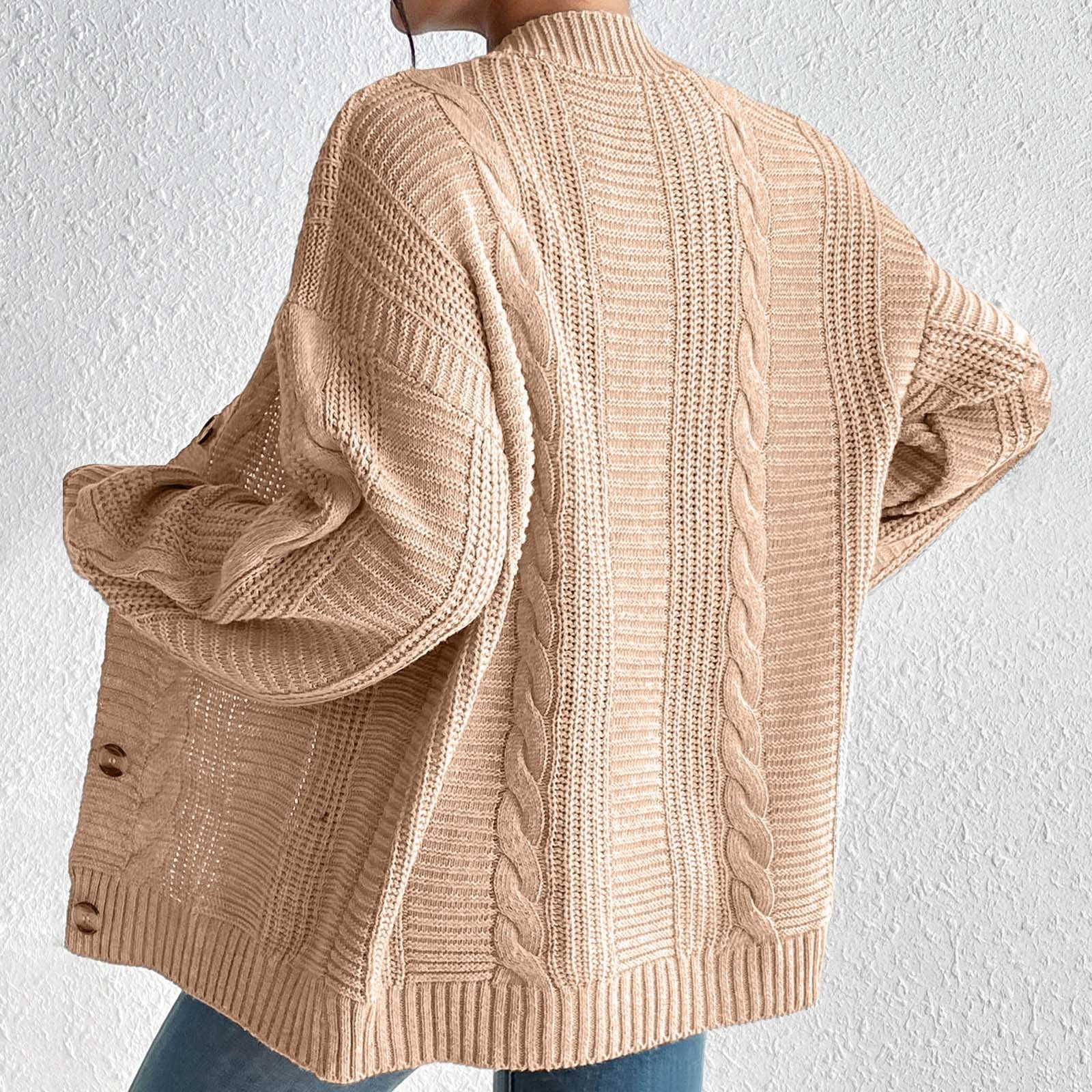 Women Beige Solid Button Knit Cotton Cardigans Spring