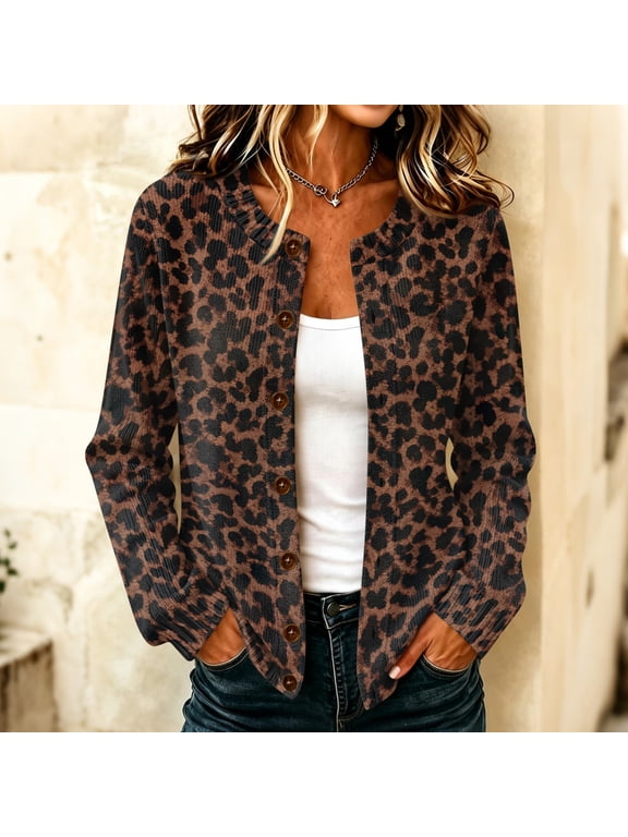 Cardigan for Women Leopard Print Casual Tops Long Sleeve Plus Size Sweaters Chunky Knit Cardigans Fall Clothes for Work & Office