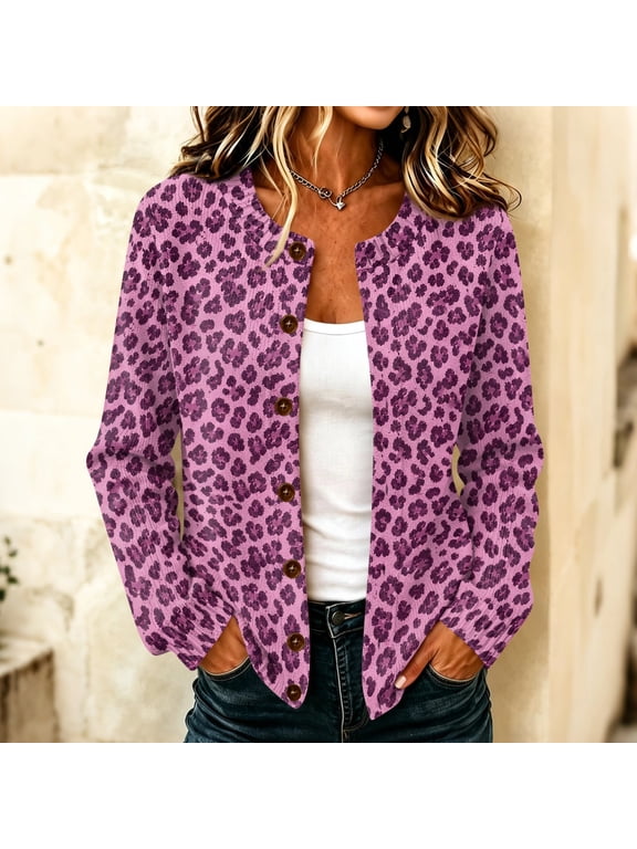 Cardigan for Women Leopard Print Casual Tops Long Sleeve Plus Size Sweaters Chunky Knit Cardigans Fall Clothes for Work & Office
