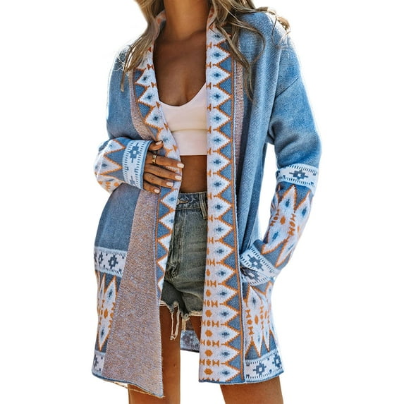 Cardigan for Women Long Sleeve Contrasting Color Print Open Front Knit Oversized Cardigan Dark Blue L