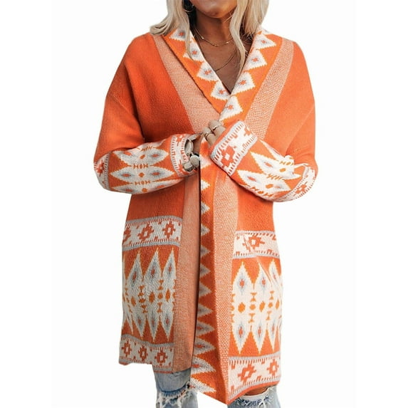 Cardigan for Women Long Sleeve Contrasting Color Print Open Front Knit Oversized Cardigan Orange S