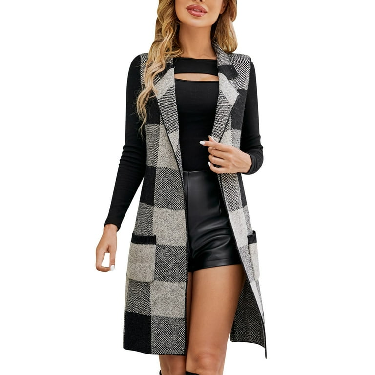 Cardigan for Women Long Suit Collar Sleeveless Plaid Jacquard Knit Vest Cardigans