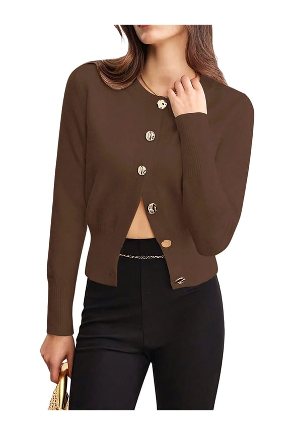 Cardigan for Women Spring Long Sleeve Button Down Work Office Sweaters Cute Winter Jacket Dark Brown S