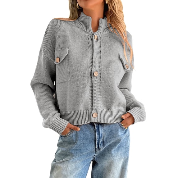 Cardigan for Women Trendy Button Up Sweater Jackets Mock Neck Long Sleeve Loose Fit Chunky Knit Outwear Coats Gray M