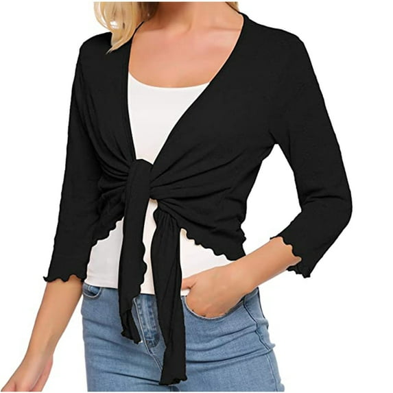 Cardigan for Women Trendy New Summer Cardigan for Women 3/4 Sleeve Knit Cropped Sweaters Lightweight Tie Front Tops Trendy Fall Outfits Black S