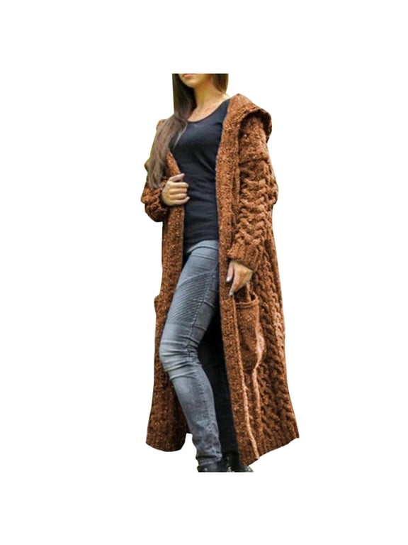 Cardigan for Women Winter Fall Solid Solid Knitted Loose Hooded Long Sweater Pocket Coat Tops