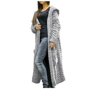 Cardigan for Women Winter Solid Solid Knitted Loose Hooded Long Cardigan Sweater Pocket Coat Gray M