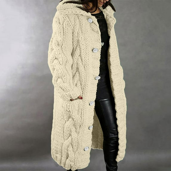 Cardigan for Women Zpanxa Hood Cardigan for Women, Plus Size Winter Warm Sweater Outwear, Single Breasted Long Sleeves Coat with Pocket Beige 3XL