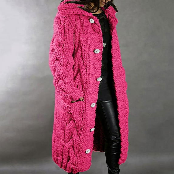 Cardigan for Women Zpanxa Hood Cardigan for Women, Plus Size Winter Warm Sweater Outwear, Single Breasted Long Sleeves Coat with Pocket Hot Pink L