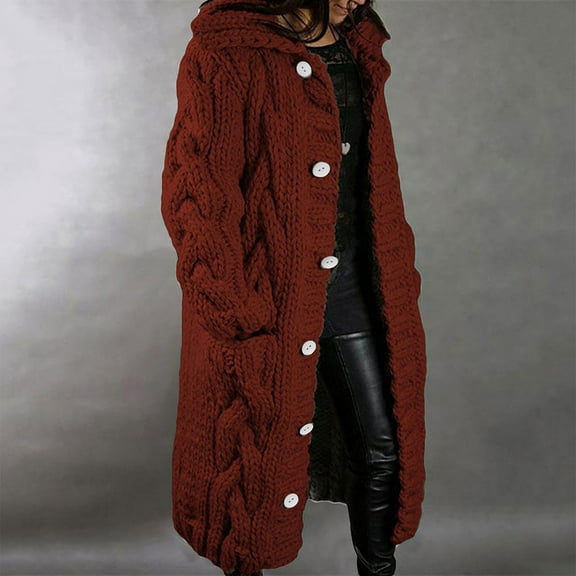 Cardigan for Women Zpanxa Hood Cardigan for Women, Plus Size Winter Warm Sweater Outwear, Single Breasted Long Sleeves Coat with Pocket Wine 3XL