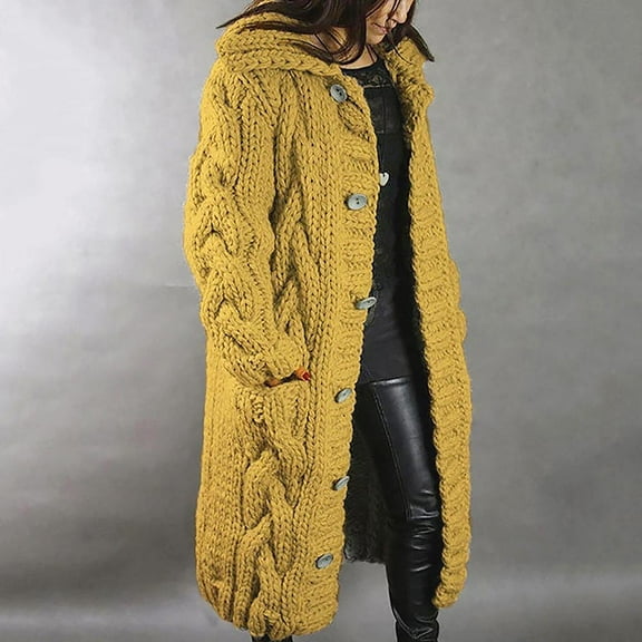 Cardigan for Women Zpanxa Hood Cardigan for Women, Plus Size Winter Warm Sweater Outwear, Single Breasted Long Sleeves Coat with Pocket Yellow S